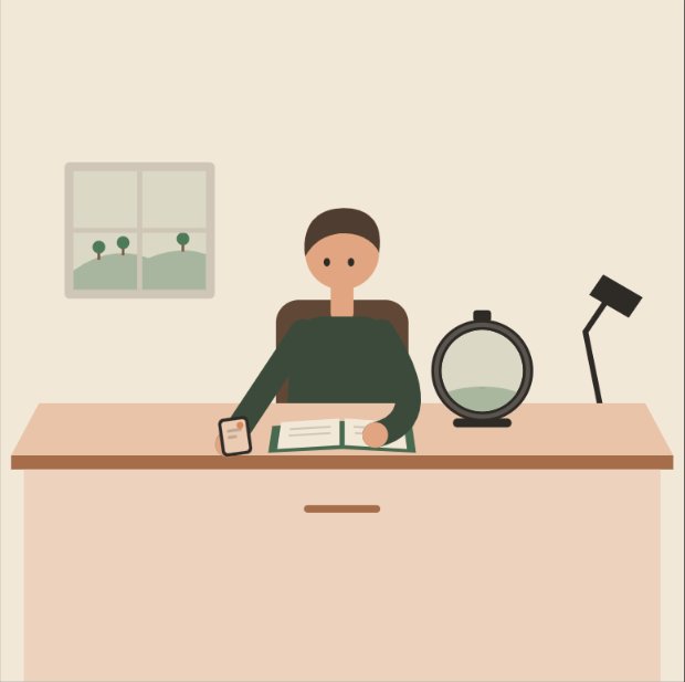 The first attempt: a flat, simple illustration of a figure at a desk facing the viewer