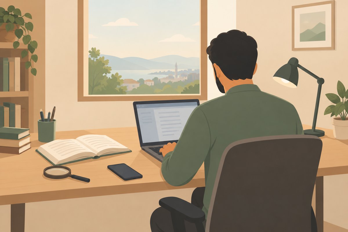 The reference image: a man seen from behind at a wooden desk with a laptop, books and a lamp, looking out of a window at hills and a town